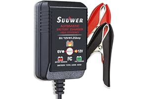 Suuwer 1.25-Amp Trickle Battery Charger 6V/12V Fully-Automatic Smart Battery Maintainer for Motorcycle, ATV, Boat, Lawn Mower and More