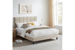 Susalt Full Size Platform Bed Frame with Upholstered Headboard, Linen Fabric and Wooden Slats Support, No-Noise, Easy to Assemble, No Box Spring Needed with 800LBS, Beige