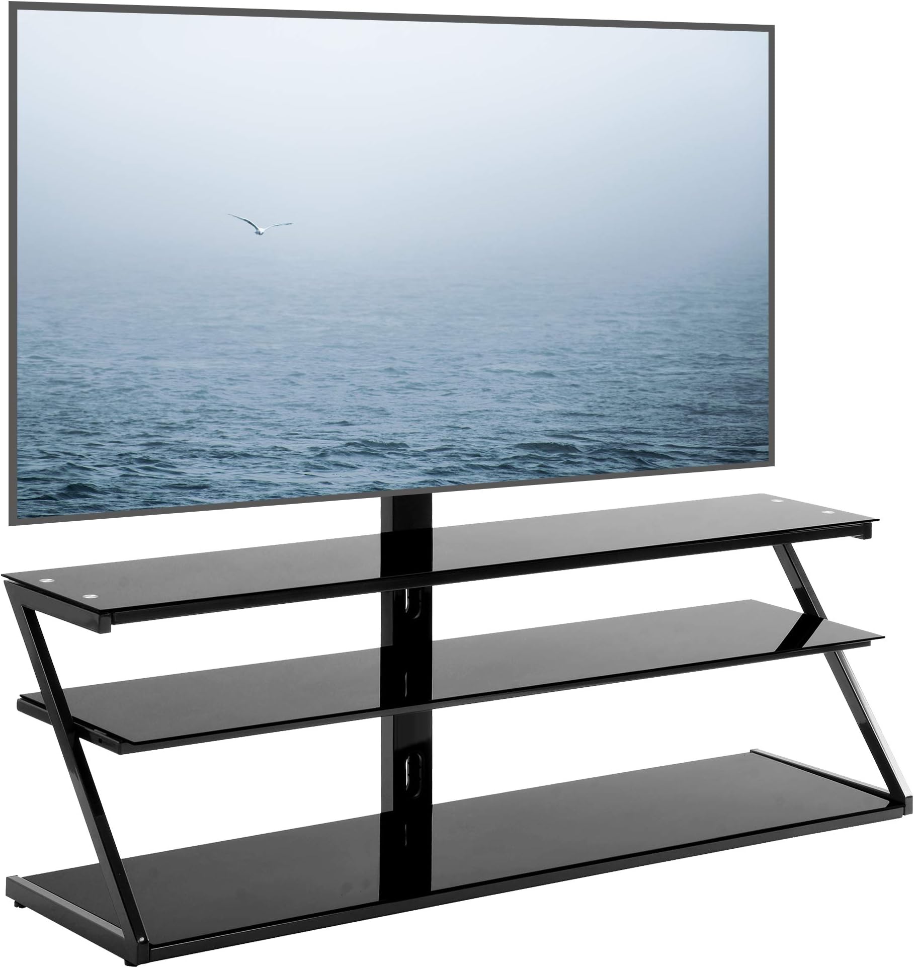 Glass TV Stand with Swivel Bracket Mount,Height Adjustable for 32 37 40 42 47 50 55 60 65 inch Plasma Flat or Curved Screen Television,Corner TV Base 3 Shelves Media Storage (60 Inch, Black)