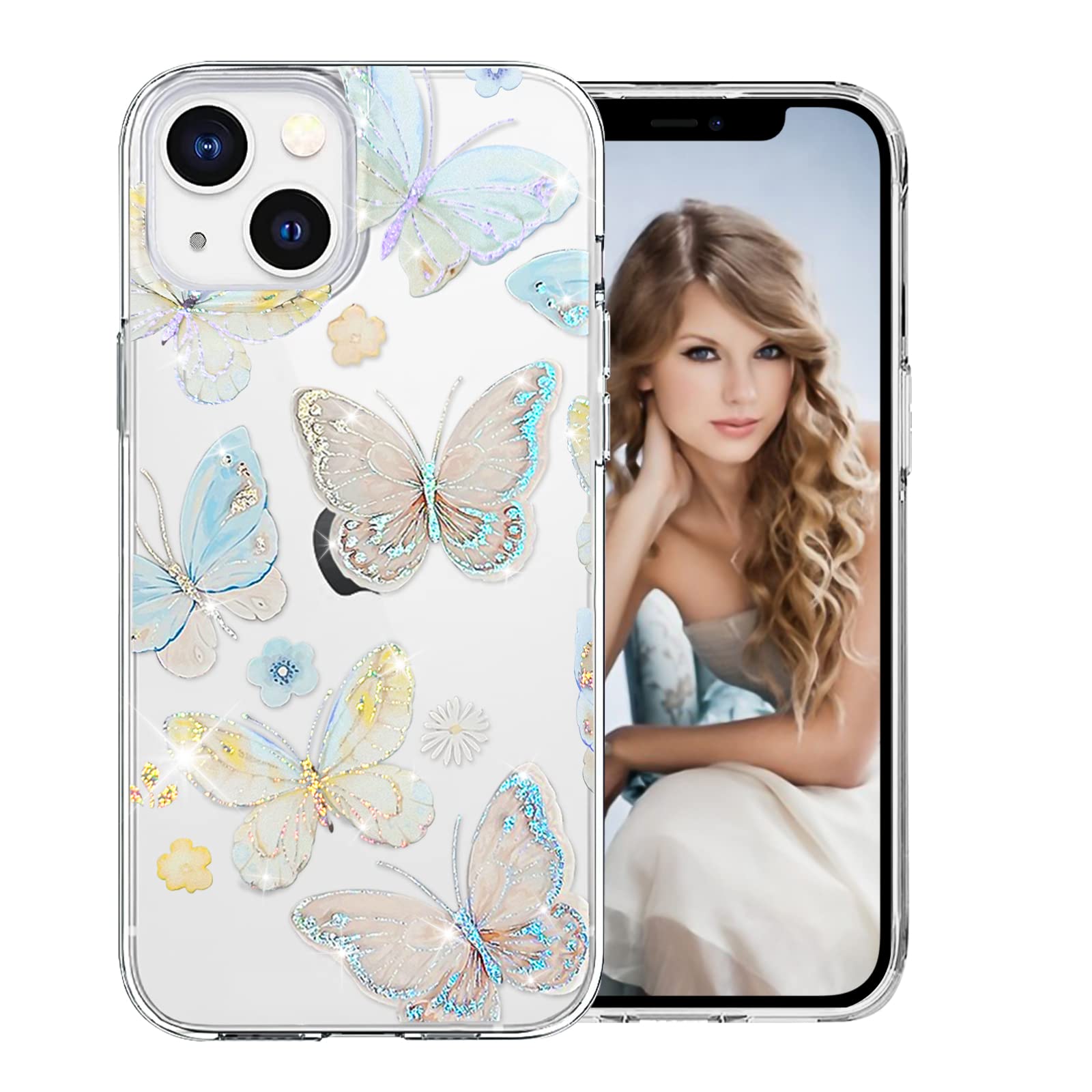 DiyGody Sparkle Butterfly Case Compatible with iPhone 14 Pretty Bling Glitter for Women Girls Slim Soft Border Hard Panel Full-Around Protective Phone Case Cover for iPhone 14 6.1 Inch(off-white)