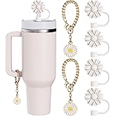 6 Set Compatible with Stanley Cup Accessories, 4 Flower Straw Toppers Compatible with Stanley Straw Cover 9-10 mm, 2 Pcs Cute White Flower Charms for Tumbler with Handle