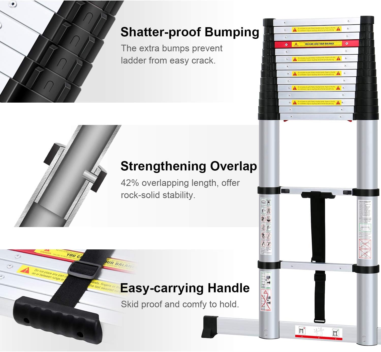 WolfWise 15.5FT Aluminum Telescoping Ladder with Stabilizer, Telescopic Extension Ladder 330 Pounds Capacity - - 