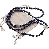 Luomu Catholic Rosary Necklace, 8mm Lava and Tiger's Eye Stone Beads, 21 inch, Saint Benedict Medal