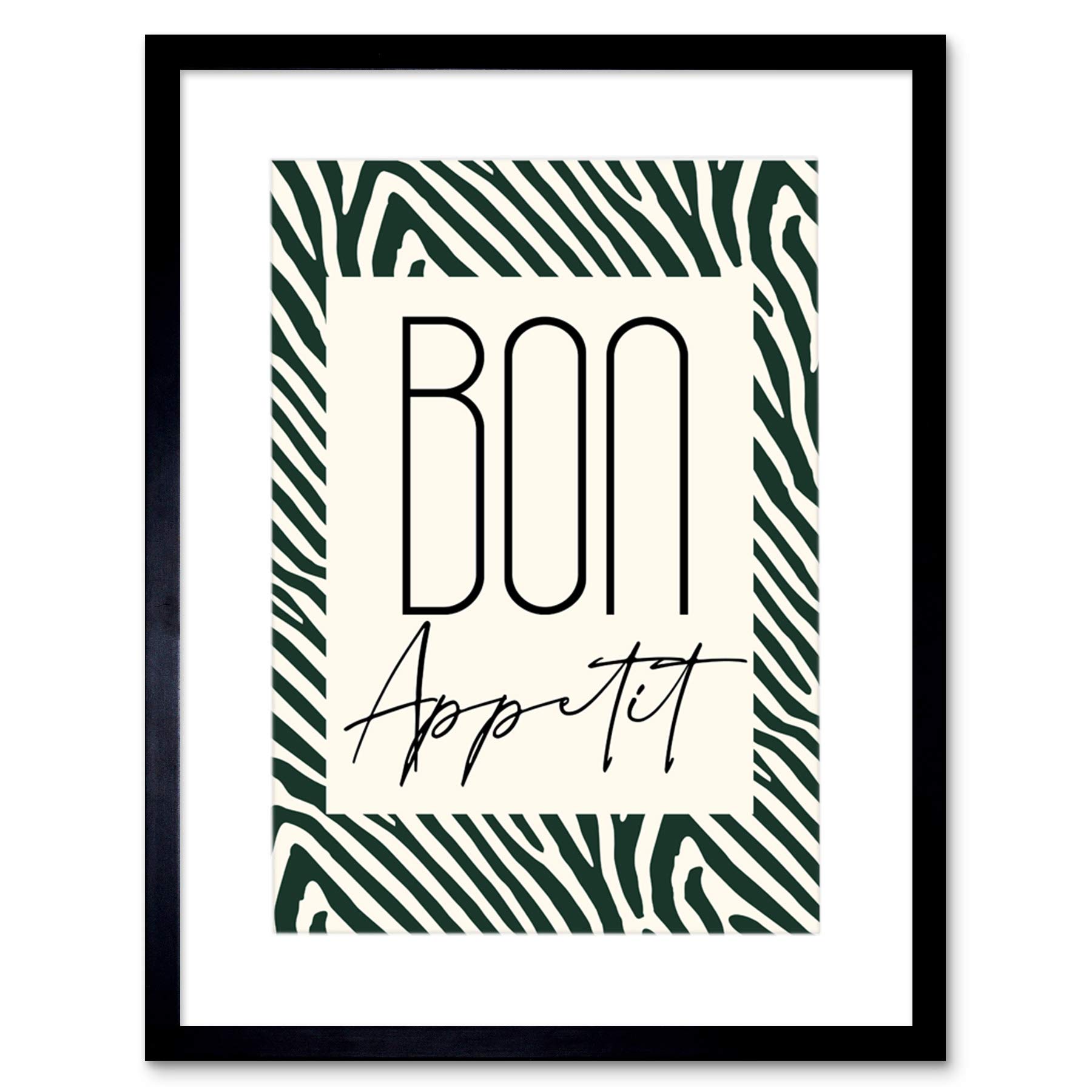 Wee Blue Coo Kitchen Zebra Bon Appetit Typography Artwork Framed Wall Art Print 12X16 Inch