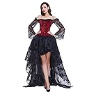 Kimring Women's Steampunk Victorian Elegant Off Shoulder Overbust Corset Dress Skirt Set with Lace Long Sleeves Black/Red Small