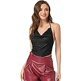 Allegra K Sparkly Metallic Camisole for Women's Party Cowl Neck Backless Glitter Halter Tops
