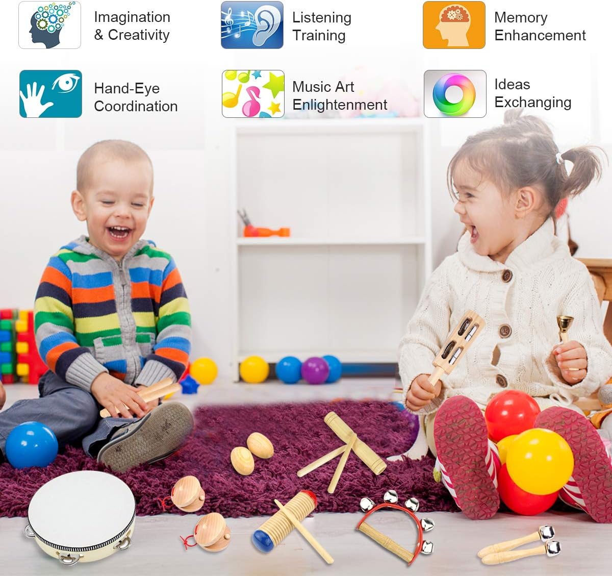 ULIFEME Musical Instruments, Wooden Percussion Instruments for baby Kids and Toddler, Children's 23pcs Pure Wood Toys Set - Image 4