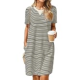 Glamaker Women Summer Tshirt Shift Dress Casual Striped Short Sleeve Crew Neck Knee Length Comfy Dress with Pockets
