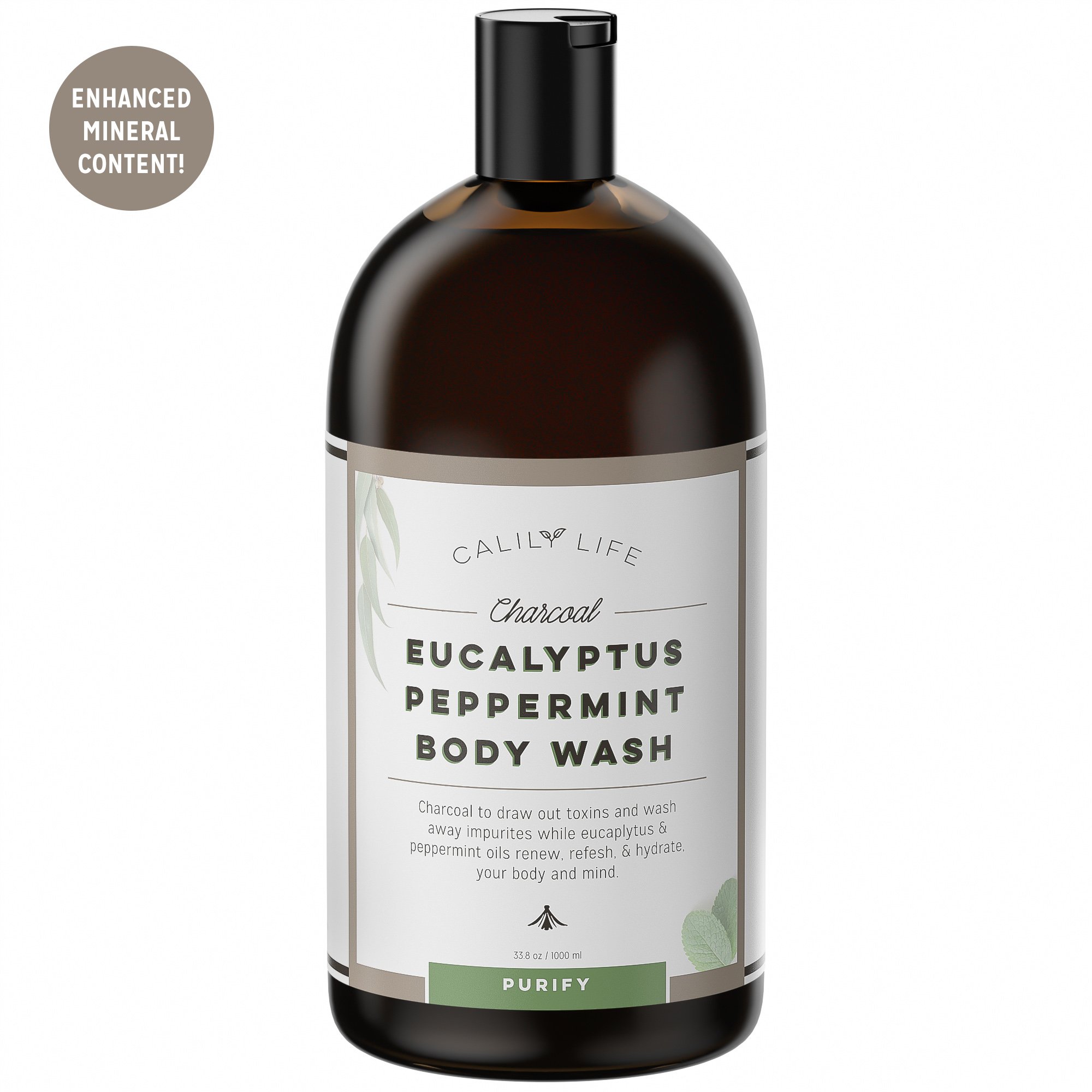 Calily Life Organic Detoxifying Charcoal + Eucalyptus + Peppermint Face and Body Wash, 33. 8 Oz. – Powerful Cleansing and Refreshing + Therapeutic, Invigorating & Relaxing [ENHANCED]