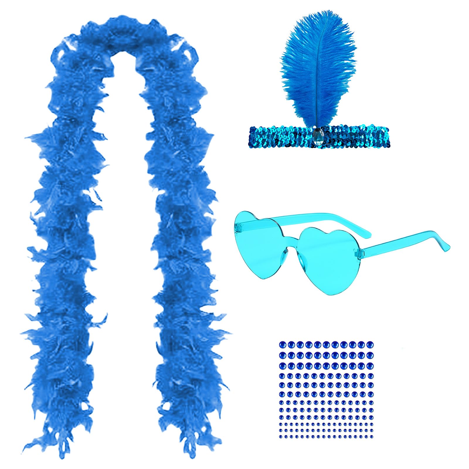 GWAWG Feather Boa, Heart Rimless Sunglasses, Facial Rhinestones and Boa Hair Band, Crafts Fluffy Feather Boa, Suitable For Female Halloween, Christmas, Cosplay (Blue)