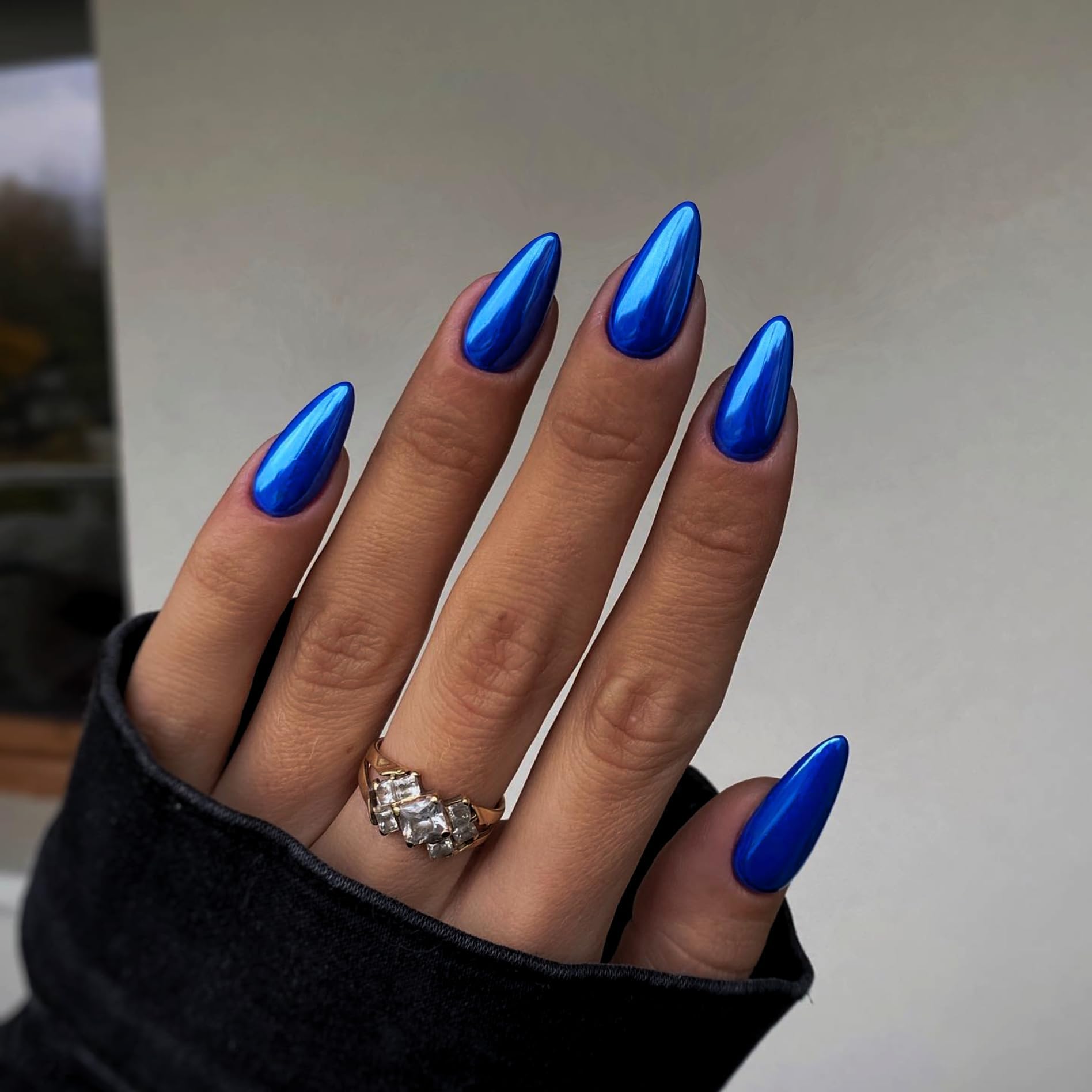 Royal Blue Chrome Press on Nails Medium Almond, KQueenest Mirror Metal Stiletto Fake Acrylic Nails with Bling Design, Dark Color Glue on Nails for Daily Party Wear, False Nails Press ons in24 PCS - Image 2