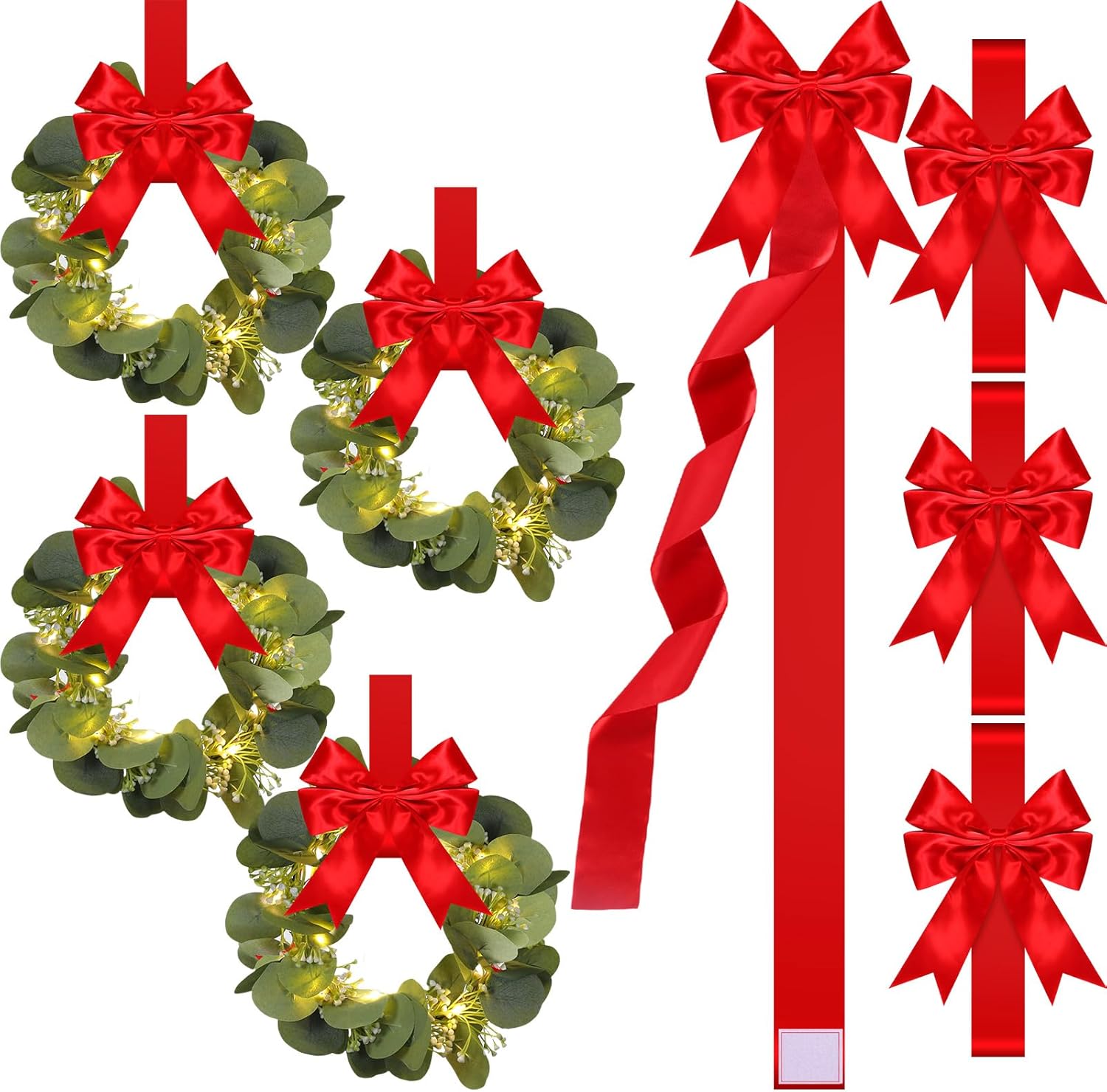 Bows & Ribbons - Riceshoot 12 Pcs Christmas Faux Kitchen Cabinet Decor Set Include 4 Pcs 10 Inch Christmas Cabinet Wreaths 4 Pcs Red Cabinet Door Ribbon Bows and 4 Pcs String Lights for Kitchen Cabinet Doors
