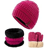 3Pcs Kids Winter Beanie Hat Scarf Gloves Set for 2-6-10-14 Years Old Boys Girls, Knit Thick Warm Fleece Lined Thermal Sets