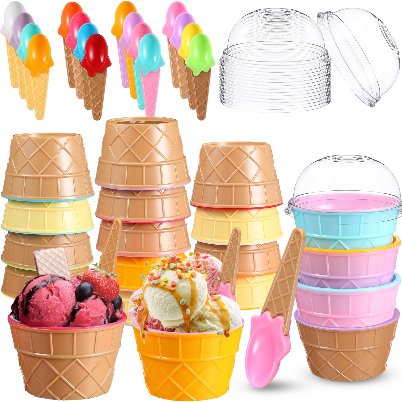 Photo 1 of Teenyyou 48 Pcs Ice Cream Bowl Set Includes Plastic Ice Cream Bowls with Spoons and Lids 6-8 oz Reusable Frozen Yogurt Bowls Party Favors for Summer Holiday Sundae Birthday Bar Supplies(16 Colors)