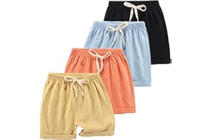 HSTiSan Toddler Boys Girls Shorts 4-Pack Cotton Linen Summer Casual Shorts Kids Solid Short Pants 2-8 Years