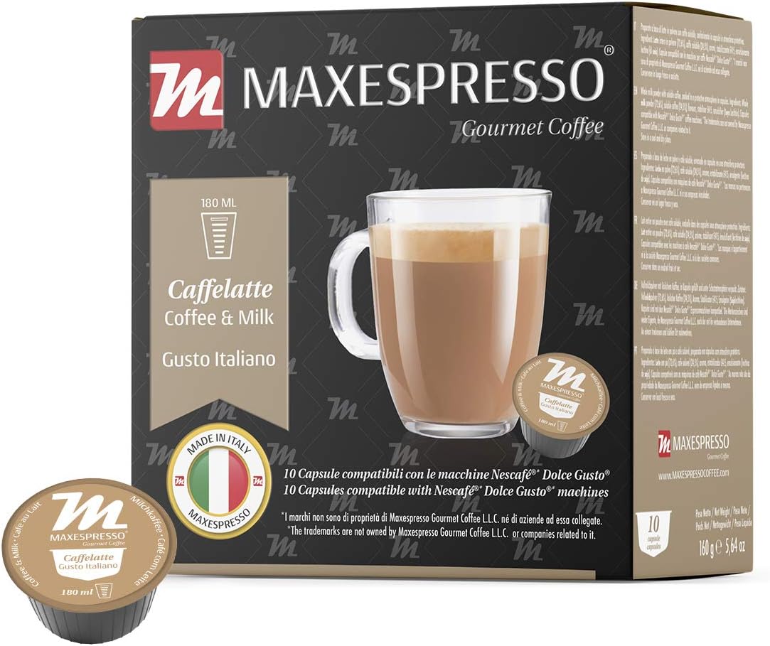 Maxespresso Gusto Italiano - Caffelatte (10 Capsules), Dolce Gusto Compatible, Maxespresso Gourmet Coffee, 100% Made In Italy. (Dolce Gusto Compatible)