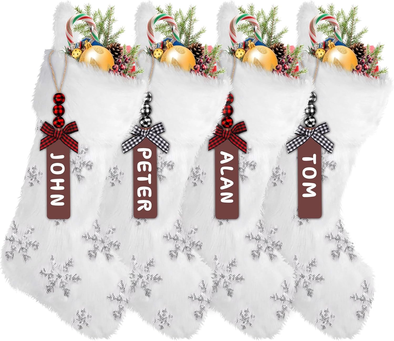 Stockings & Holders - XIMISHOP 4PCS White Christmas Stockings, Large Xmas Glitter Snowflake Plush Hanging Stocking Decoration with Name Tags for Christmas Holiday Family Party Decorations