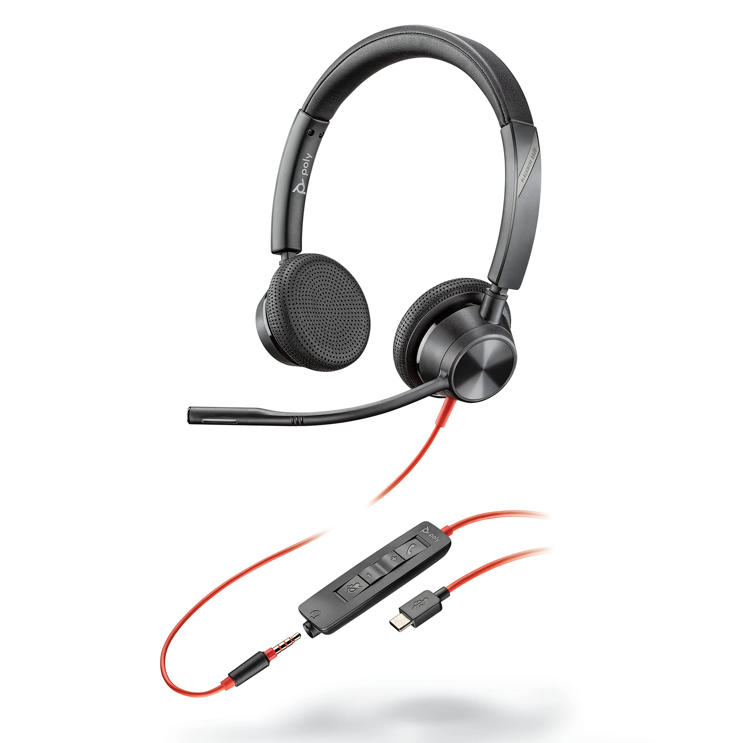 Plantronics – Blackwire 3325 USB-C (Poly) – Wired, Dual-Ear (Stereo) Headset with Boom Mic - Connect to PC/Mac via USB-C or mobile/tablet via 3.5 mm connector – Works w/ Teams (Certified), Zoom & more