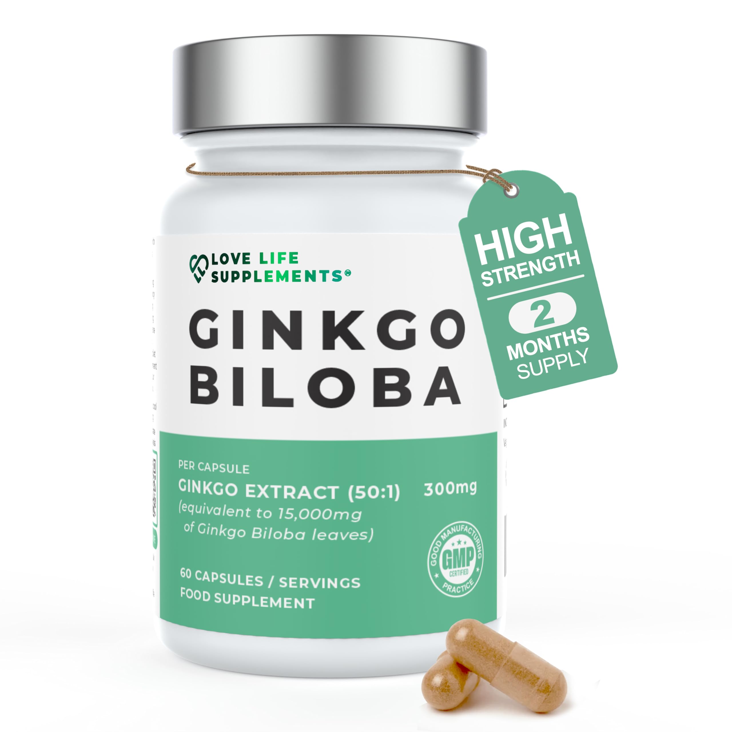 Ginkgo Biloba Capsules High Strength | 15,000mg 50:1 Extract (from Ginkgo Biloba Leaves) - 60 Servings | 24% Flavone Glycosides (3rd Party Tested) | Pure Ginkgo (No Fillers) | Love Life Supplements