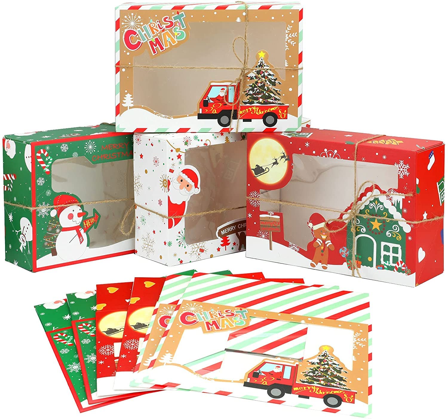LATERN 12 Pcs Christmas Cookie Boxes, 4 Styles Cupcake Chocolate Candy Boxes Bakery Treat Gift Boxes with Clear Window - for Holiday Thanksgiving Xmas Party (22 x 15 x 7CM)