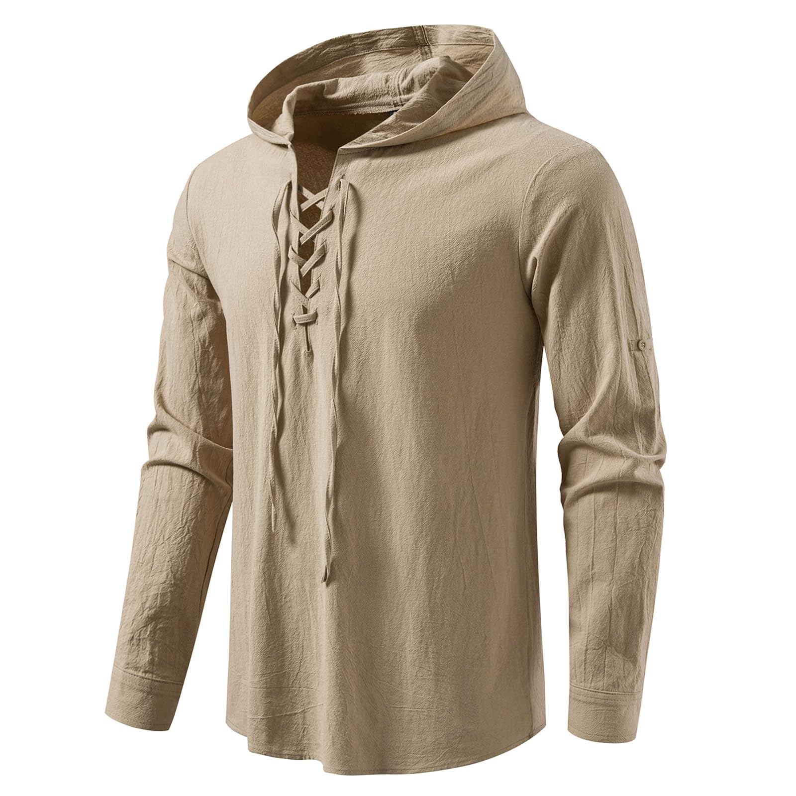 MakingDa Lace Up Hooded Shirt Men Medieval Viking Tunic Costume Cotton Pirate LARP Tops Loose Fit Long Sleeve Steampunk Renaissance Victorian-Khaki-XL