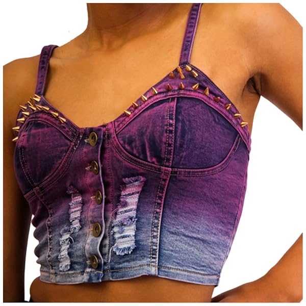 Hot & Delicious Women's Ombre` Denim Bustier w Spikes Small Denim