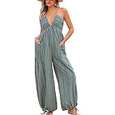 CUPSHE Women's Summer Jumpsuit Plunging Halter Sleeveless Striped Casual Dressy Outfit Wide Leg Pockets Maxi Overall