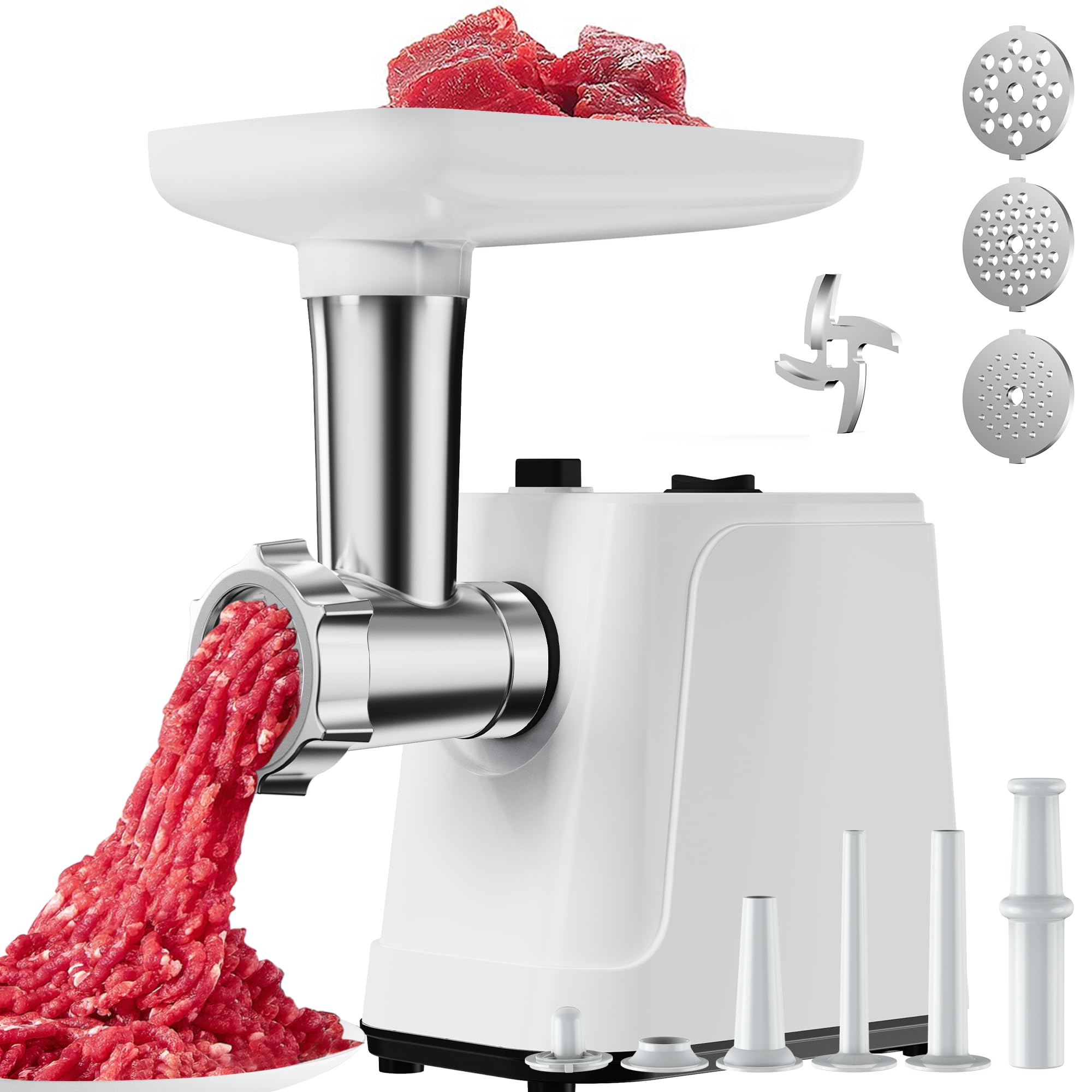 Photo 1 of 2500W Max Electric Meat Grinder & Sausage Stuffer - Heavy Duty Mincer Machine Anti-Slip with 1 Blade And 3 Plates, 3 Tubes & Kubbe Kit BPA Free for Home Kitchen Use ?White?