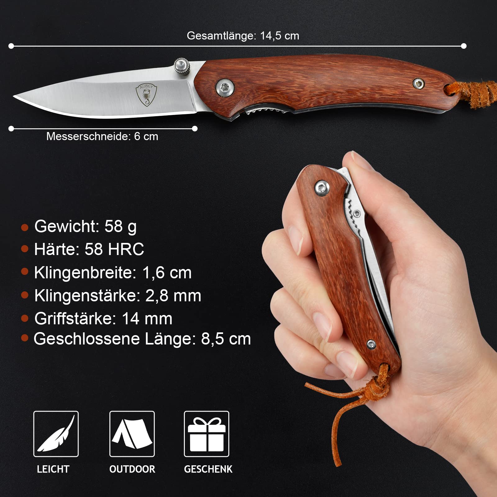 AUBEY Taschenmesser Klein, Scharfes Klappmesser Mini Messer mit 440 Stahl Klinge, Holzgriff, Liner Lock - EDC Messer Pocket Knife für Outdoor Survival Jagd Angeln Geschenk Sammeln 2