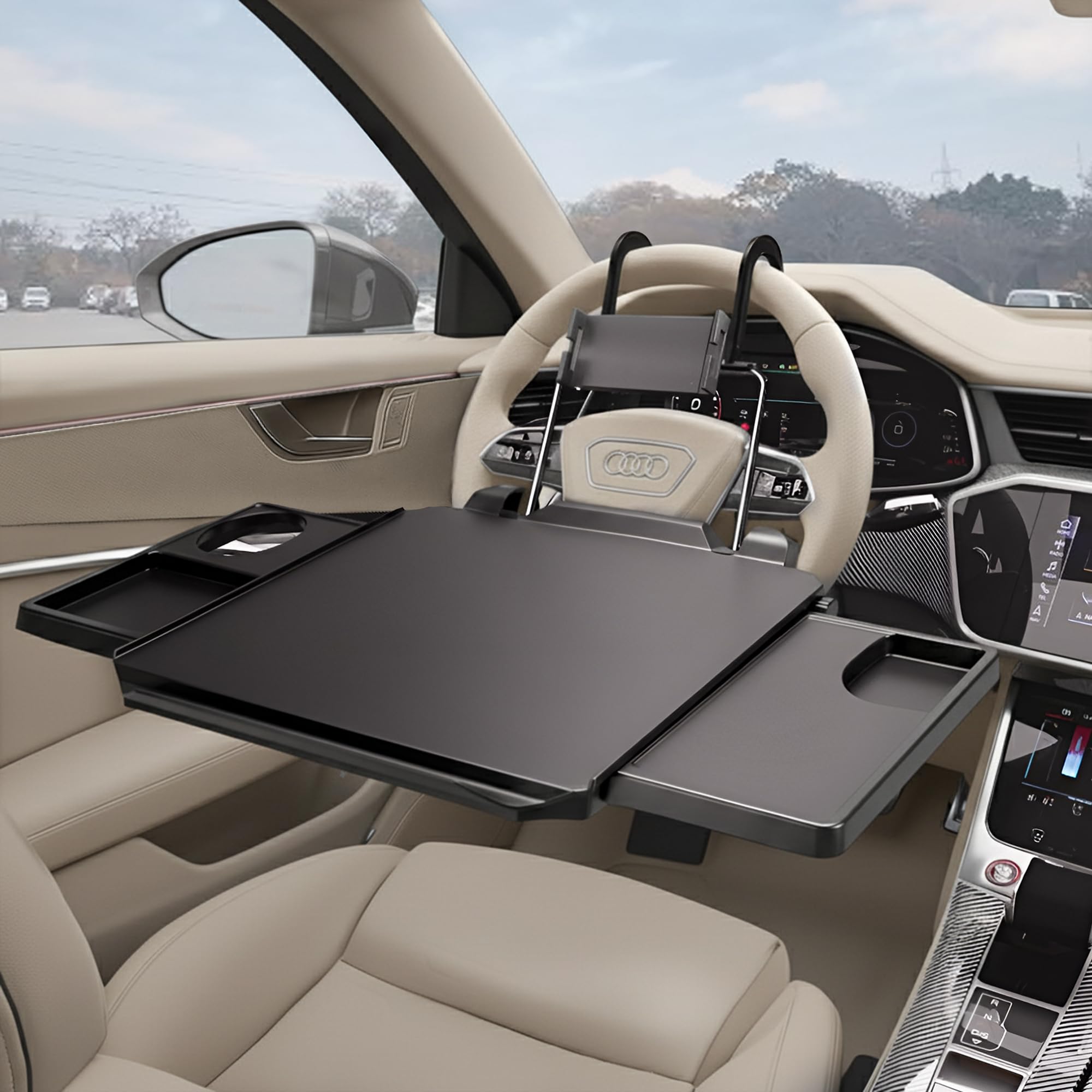 Photo 1 of 2-in-1 Car Steering Wheel Tray & Back Seat Table with Phone Holder – Height Adjustable Steering Wheel laptop desk, Food Tray , Writing Desk & Car Eating Tray - Car desk tray is Gift for Truck Driver