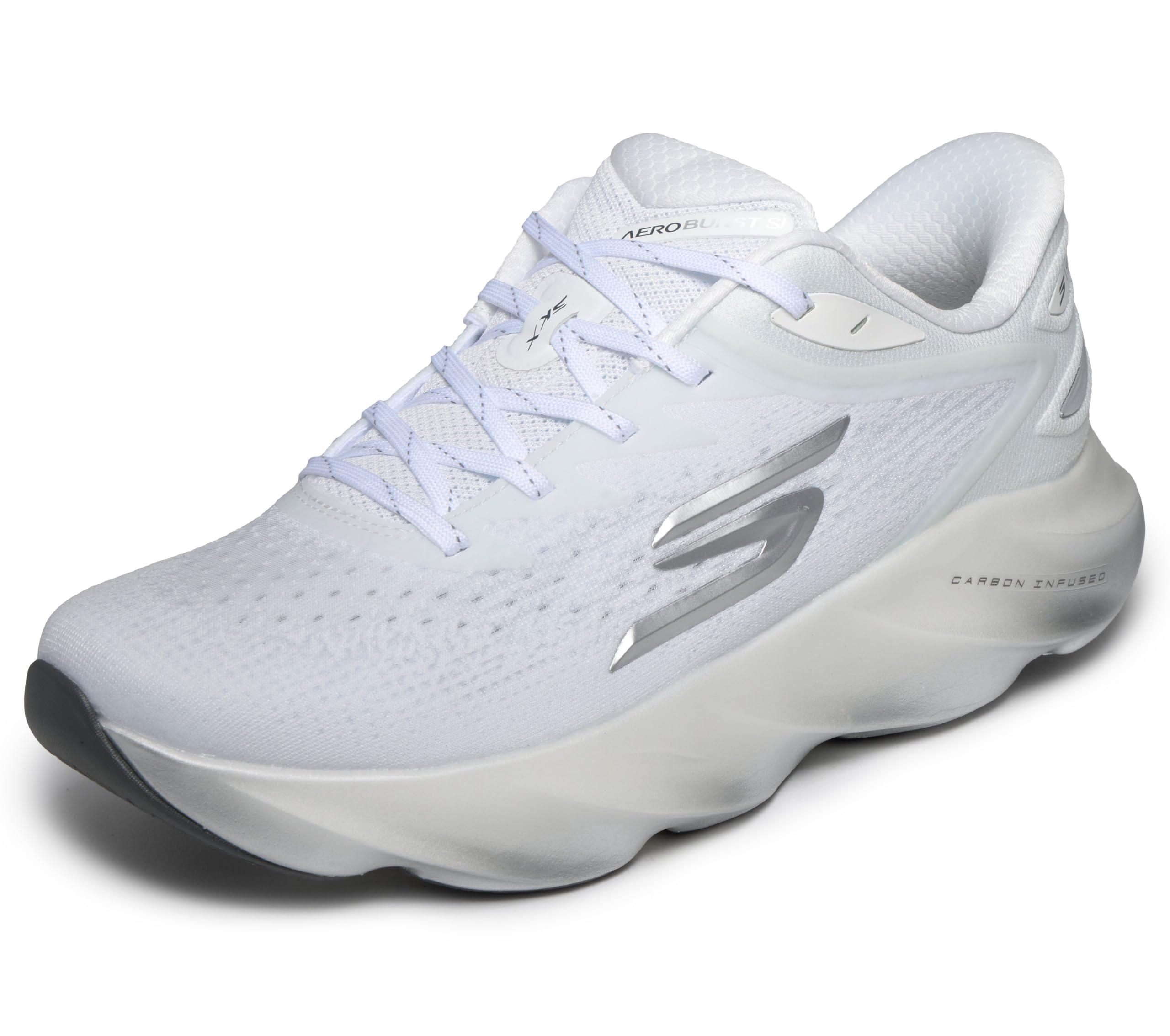 Skechers Men’s Aero Burst Hands Free Slip-Ins Running Shoe, White/Silver, 7
