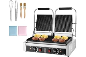 VEVOR Commercial Panini Grill, 3600W Electric Sandwich Panini Maker, Stainless Steel Double Sandwichs Press with Handle and Temp Control, 19x9 in Full Grooved Enamel Plate, for Hamburger Steak Bacon