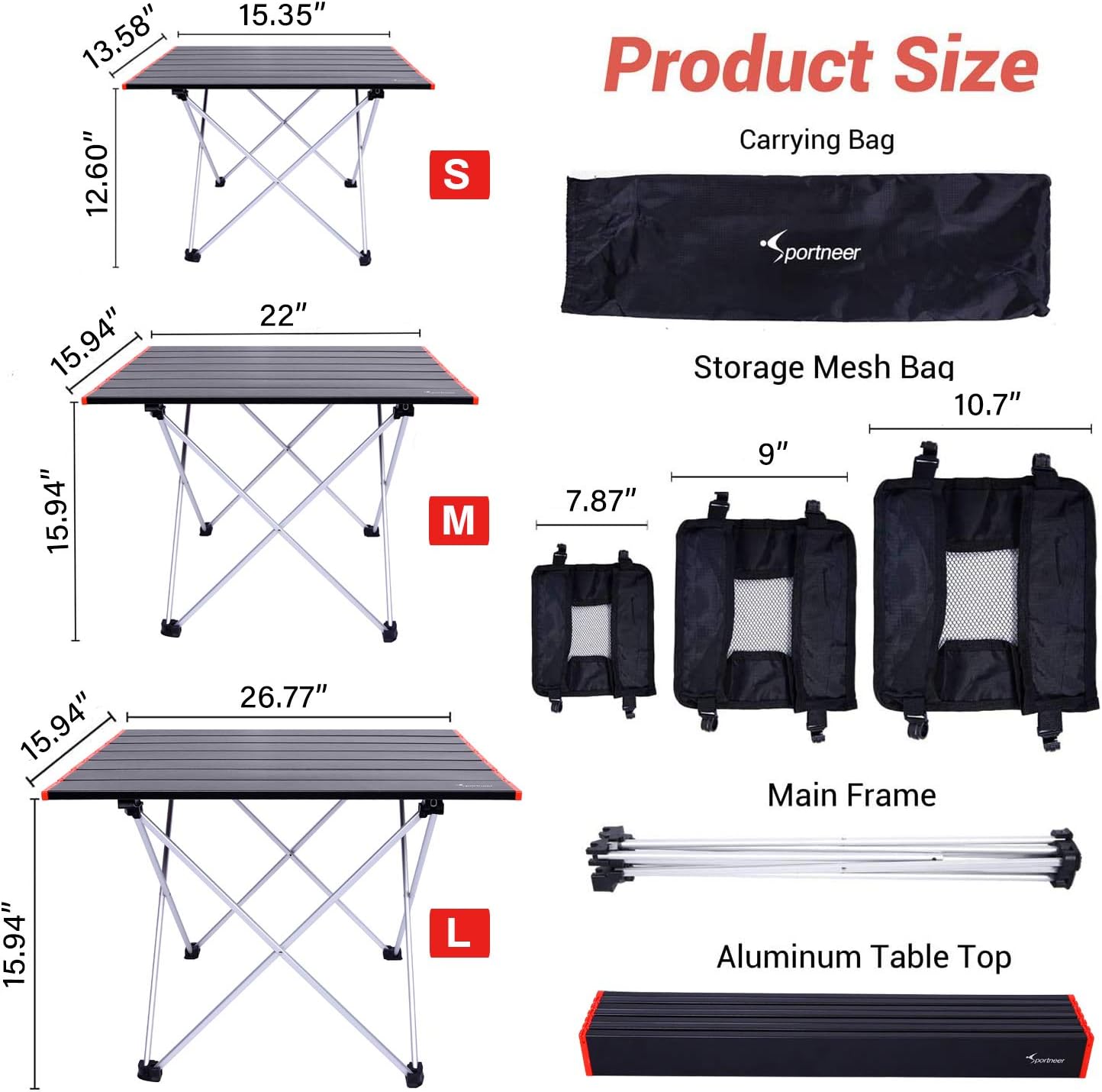 Sportneer Portable Camping Tables with Mesh Storage Bag, Ultralight Camp Folding Side Table, Aluminum Table Top Great for Camp, Picnic, Backpacks, Beach, Tailgate, Boat, S, M, L : Sports & Outdoors