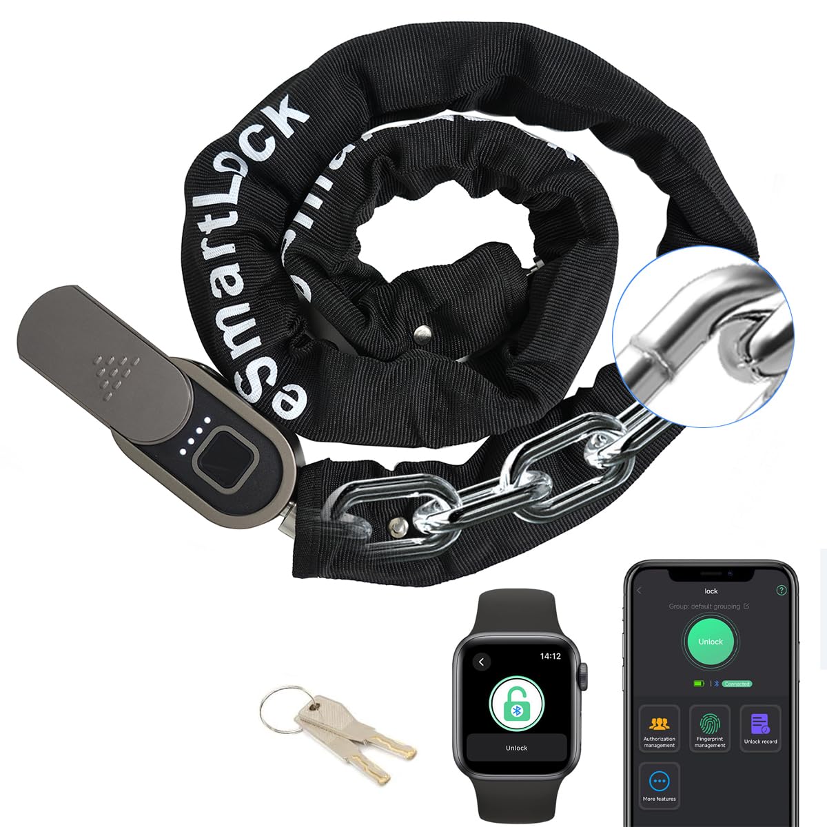 Photo 1 of Chain Lock with Key eLinkSmart Waterproof Bicycle 100CM Chain Lock for Bike Scooter Motorcycle Door Fence Gate Fingerprint Bluetooth App Heavy Duty Outdoor Security