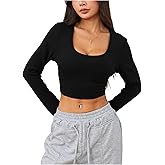 Verdusa Women's Square Neck Slim Fitted Crop Top Tee Long Sleeve T Shirt Black M
