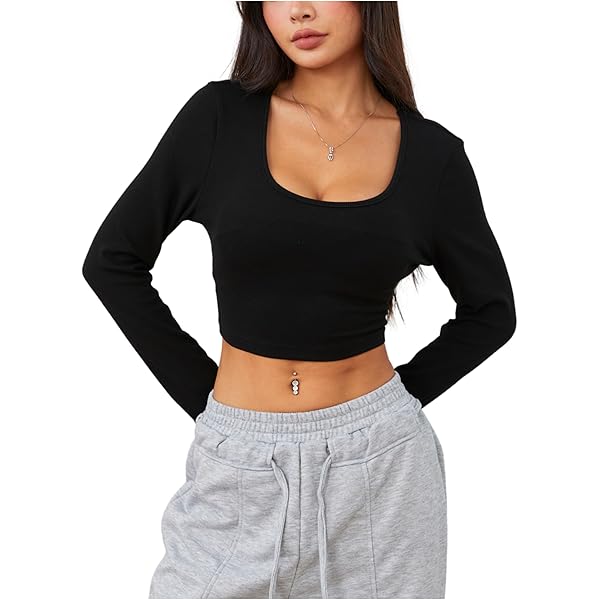 Verdusa Women's Square Neck Slim Fitted Crop Top Tee Long Sleeve T