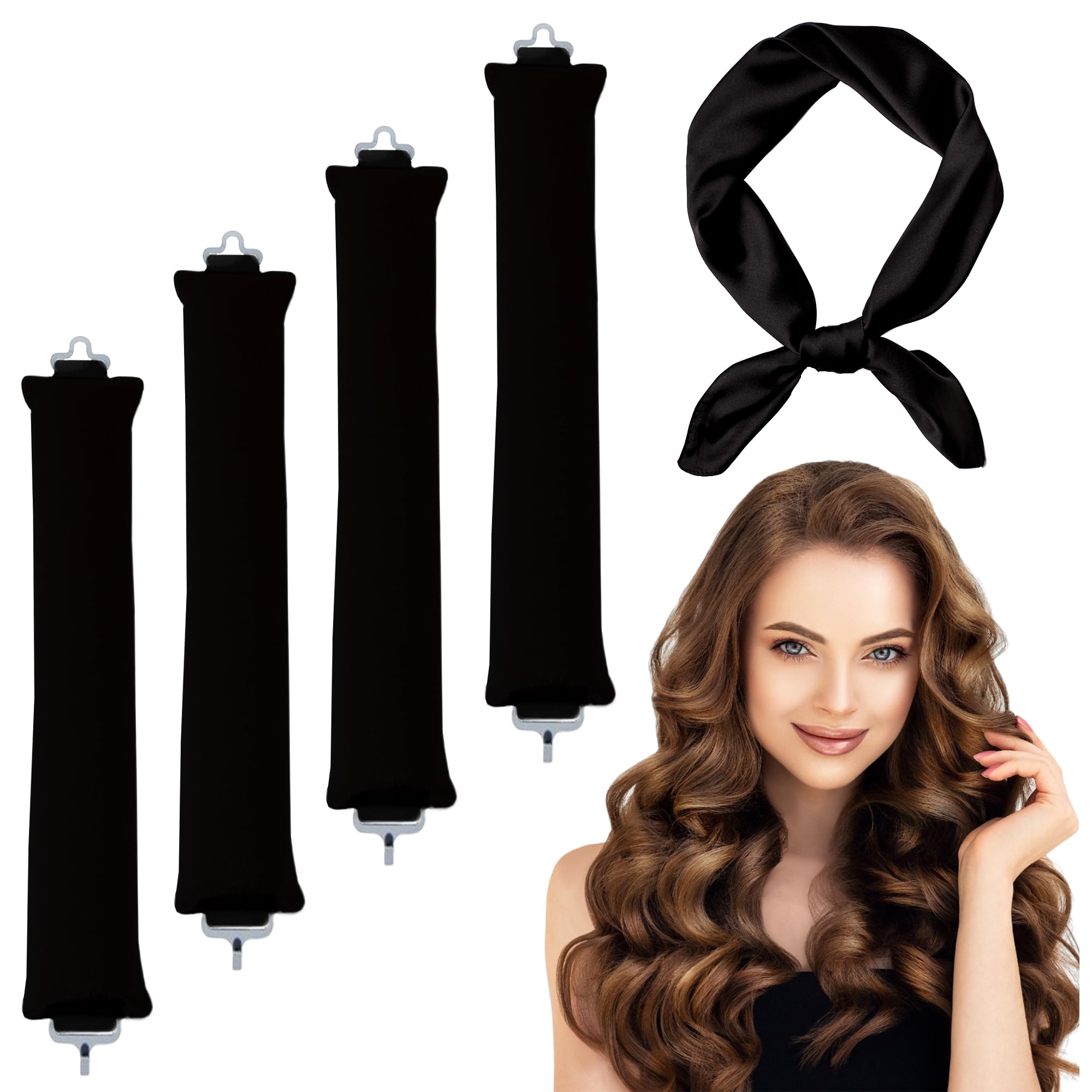 4PCS Heatless Curlers Hair Curlers No Heat Heatless Overnight Blowout Rods with Hair Scarf No Heat Heatless Curling Rods for Women DIY Hair Styling