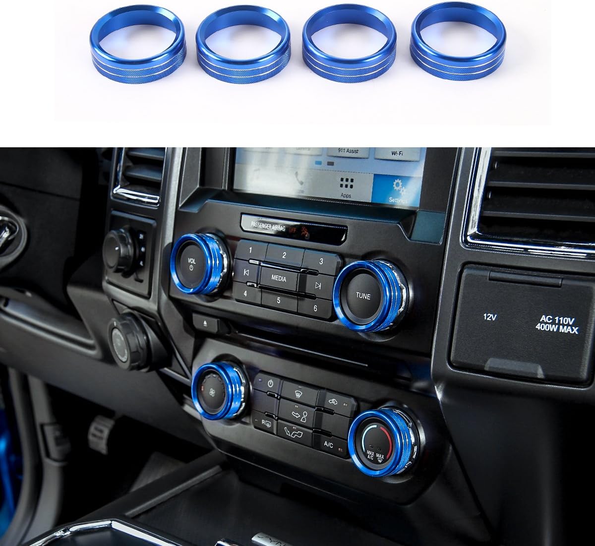 PARBO Aluminum Alloy Car Inner Air Conditioner Audio Volume Switch Knob Ring AC Media Button Cover Trim Bezel for Ford F150 XLT 2016 2017 2018 (Blue)