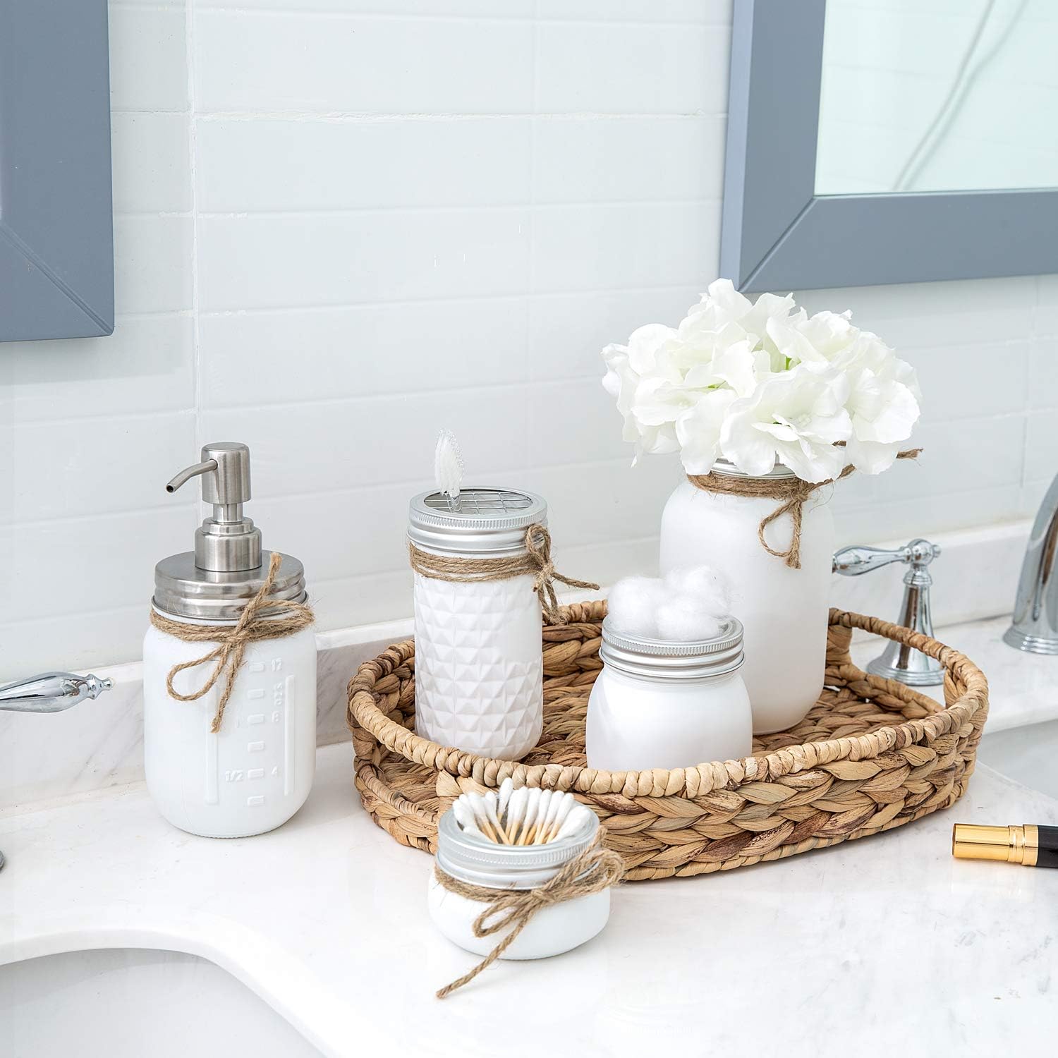 Mkono Mason Jar Bathroom Accessories Set Painted MasonJars Bathroom Organizer Include Liquid Soap Dispenser, Cotton Swab,Tissue,Toothbrush Holder,Rustic Country Countertop Fall Decor 5 Piece, White: Home & Kitchen