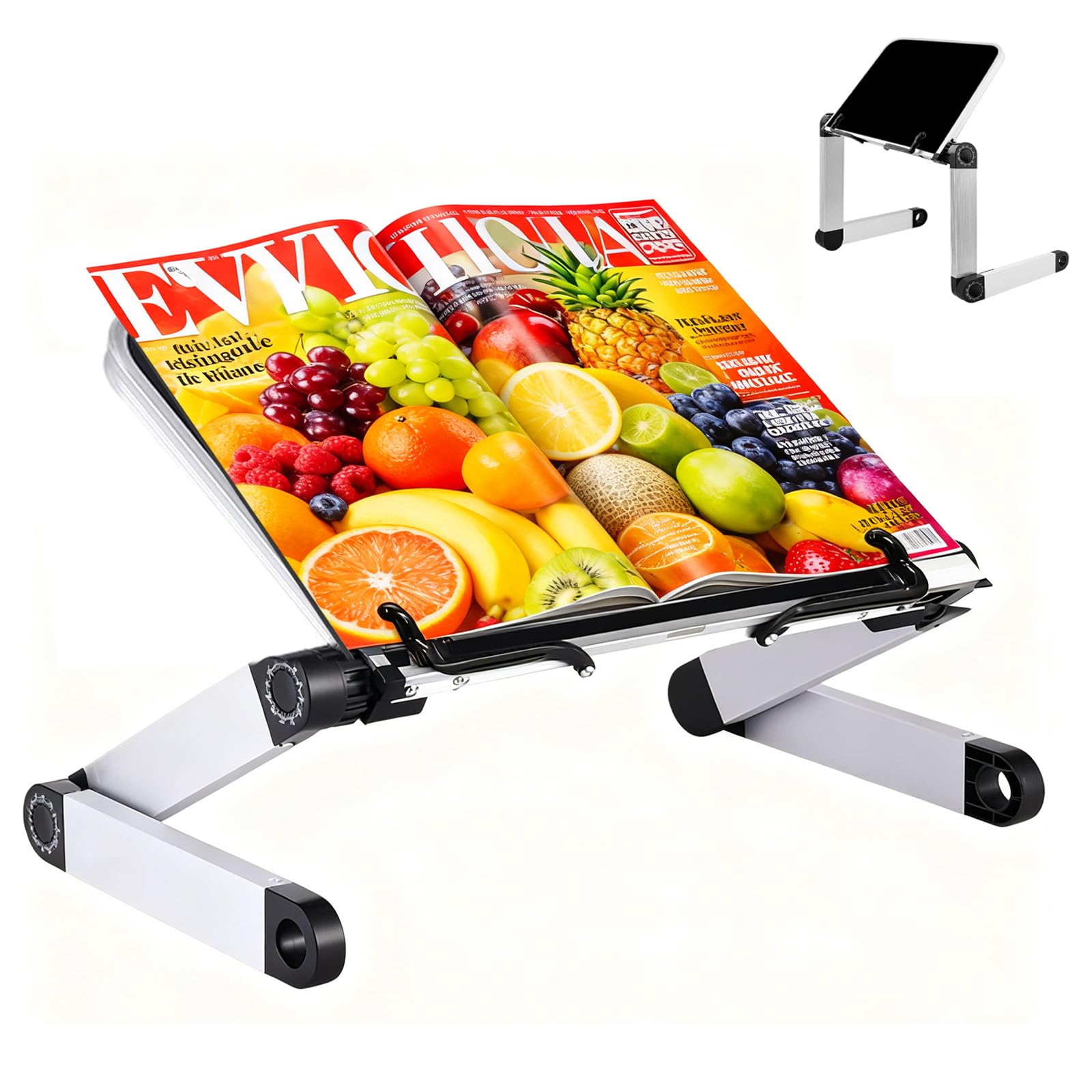 Desktop Book Holder -Height and Angle Adjustable Hands Free Book Stand for Desk, Textbook Holder with Aluminum Arms and Binder Clips,Book Reading Stand for Big Heavy HardCover,Recipe and iPad Laptop