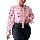 WDIRARA Women's Plus Size Heart Print Bow Tie Neck Long Sleeve Blouse Office Shirt Top