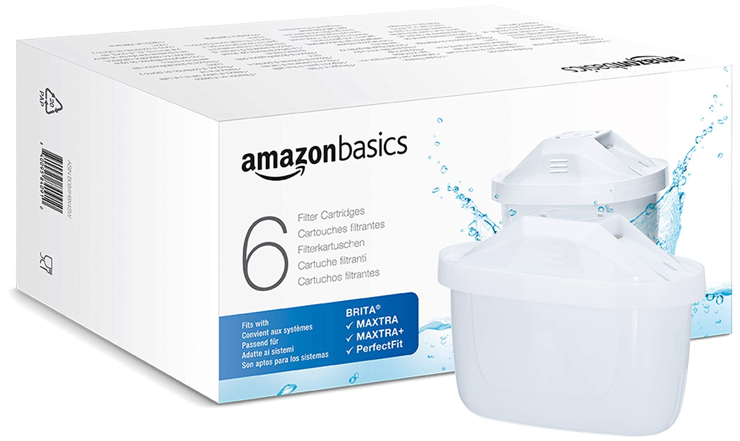 Amazon Basics Water Filter Cartridges, 6 count (Pack of 1), fits and compatible with all BRITA jugs incl. PerfectFit Jugs