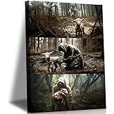 Framed Jesus and Lamb Canvas Wall Art Jesus Save Lost Lamb Posters Prints Vintage Christian Pictures Wall Decor For Bedroom Modern Religion Paintings Decorative Art(12x16in Framed)