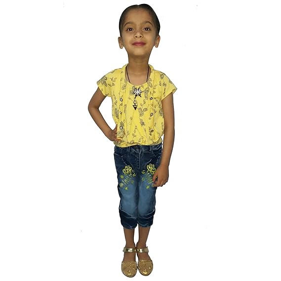 yellow top with blue jeans