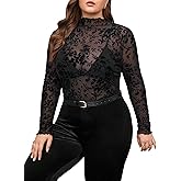 WDIRARA Women's Plus Size Floral Jacquard See Through Mesh Top Lace Mock Neck Long Sleeve Shirts