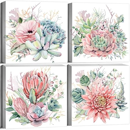 Amazon Com Succulent Wall Art Bedroom Decor Canvas Prints Boho Tropical Desert Plant Pink Flower Picture Watercolor Bathroom Floral Framed Painting Girls Gifts Modern Kitchen Office Home Decoration 12 12 4pcs Posters Prints
