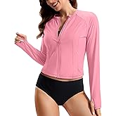SANTINY Cropped Rash Guard Women Swimsuits with Zipper Pockets UPF50+ Sun Protection Long Sleeve Swim Shirt Crop Tops