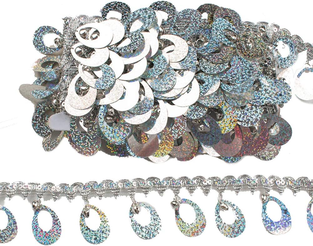 CENFRY10yards 2inch Width Bell Sequins Lace Fringe Trim Tassel Sewing on Dress Clothing Curtain (Silver)