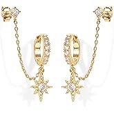 PAVOI 14K Gold Chain Earrings for Women | Double Piercing Dangle Chain Huggie Hoop Earrings | Cubic Zirconia Pearl Stud Ear Cuff Earrings for Women