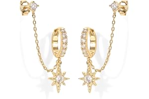 PAVOI 14K Gold Chain Earrings for Women | Double Piercing Dangle Chain Huggie Hoop Earrings | Cubic Zirconia Pearl Stud Ear Cuff Earrings for Women